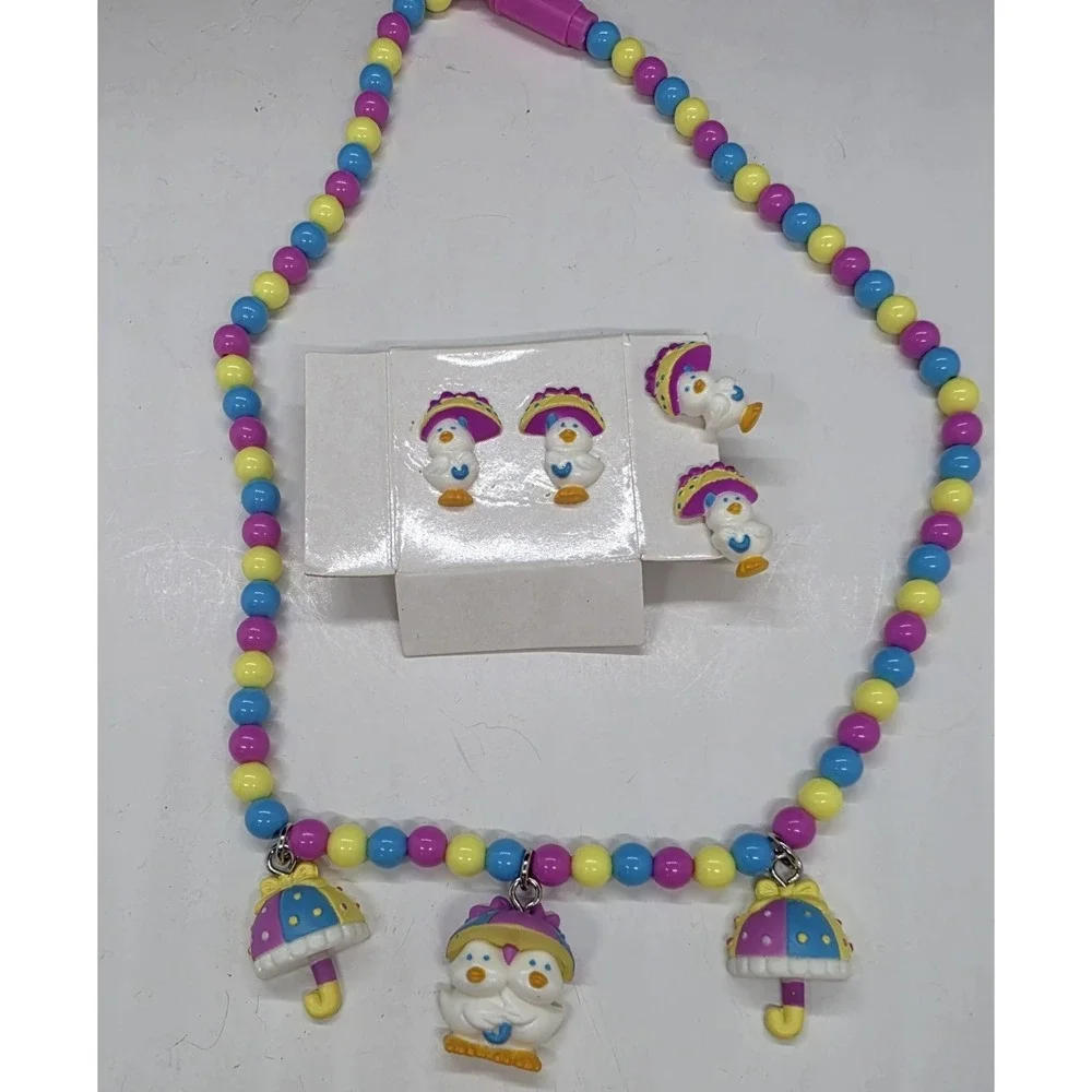 Vintage Avon Kids Rainy Day Ducks Necklace With Pierced And Clip on Earrings